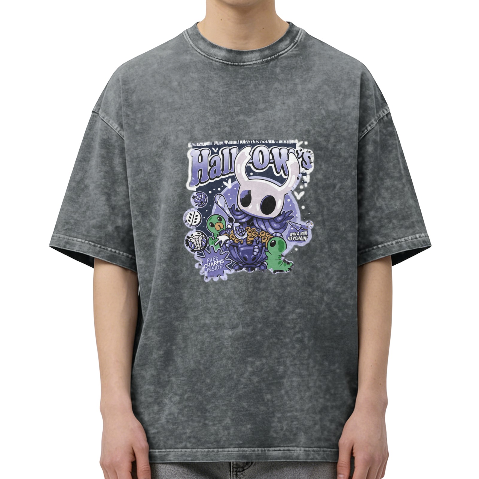 Hollow Knight themed washed distressed short-sleeved T-shirt dark style loose casual top