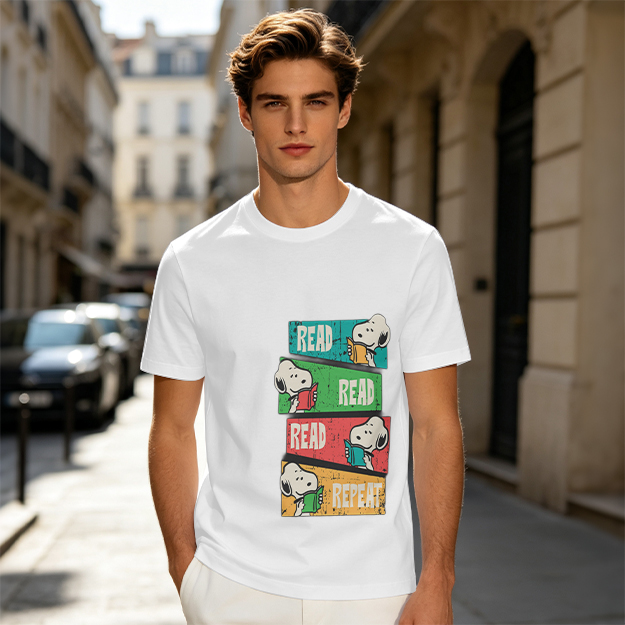 Olive T-Shirt with Snoopy Read Repeat Reading Graphic