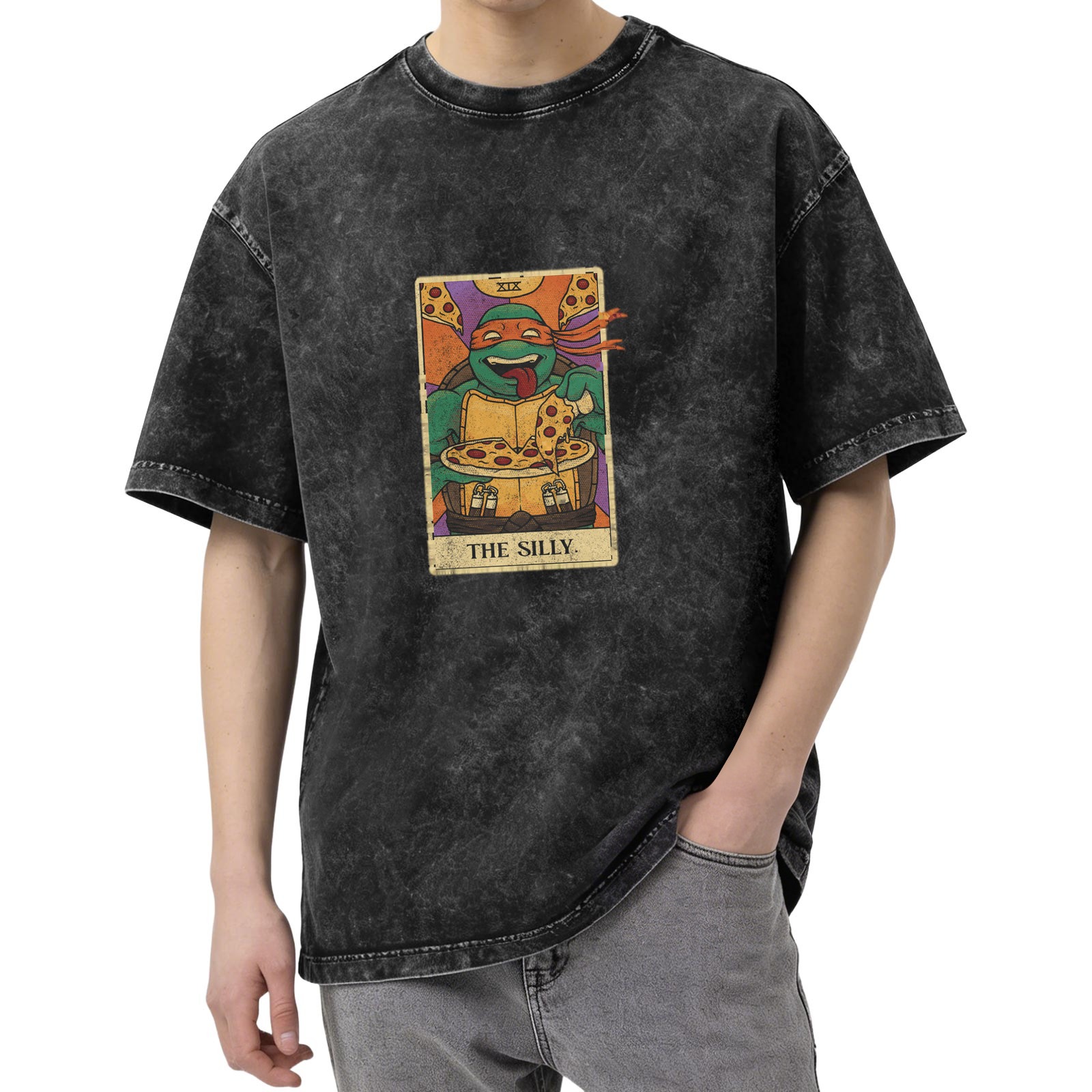 Washed graphic t-shirt with Teenage Mutant Ninja Turtle pizza tarot print
