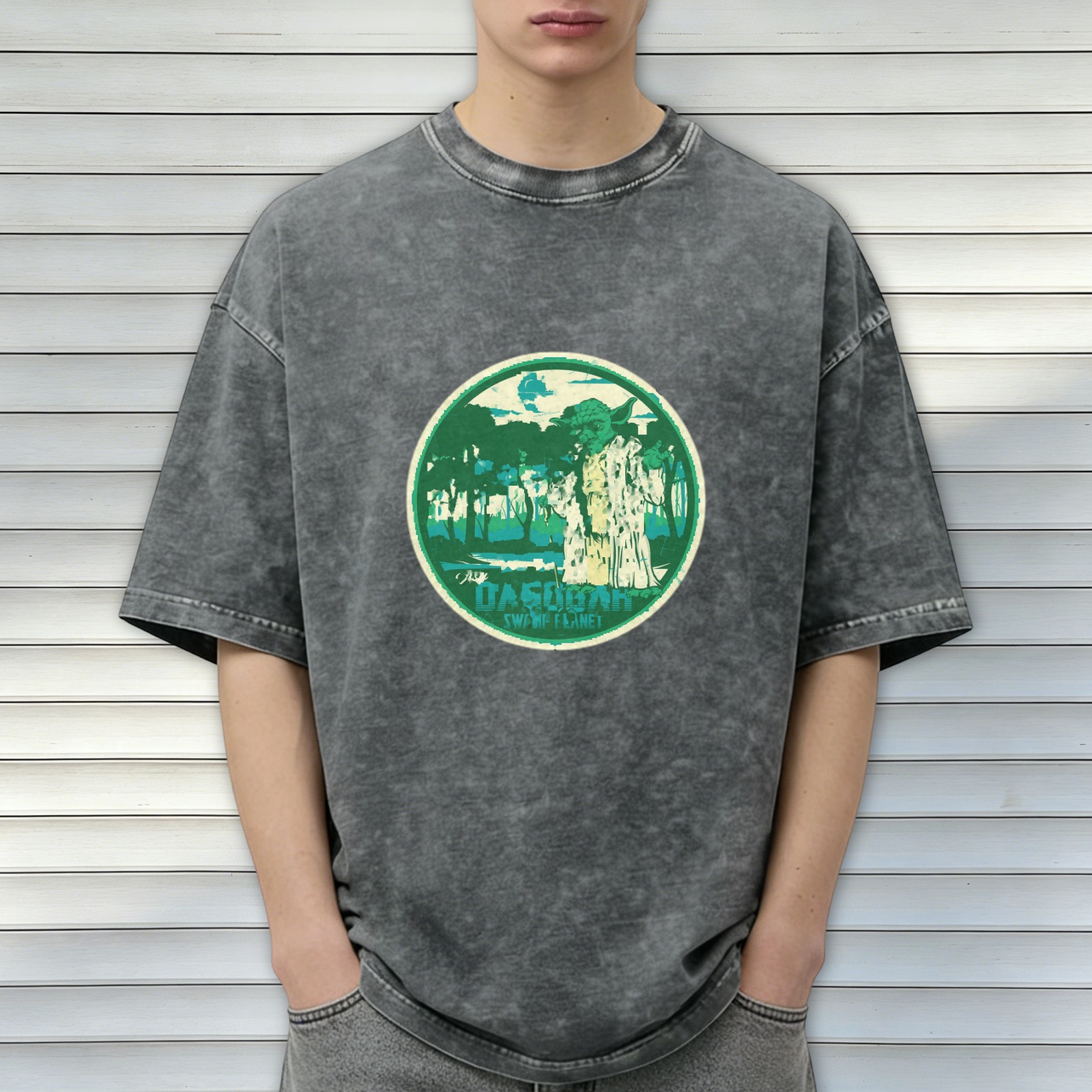Oversized Acid Wash T-Shirt with Swamp Planet Graphic Print