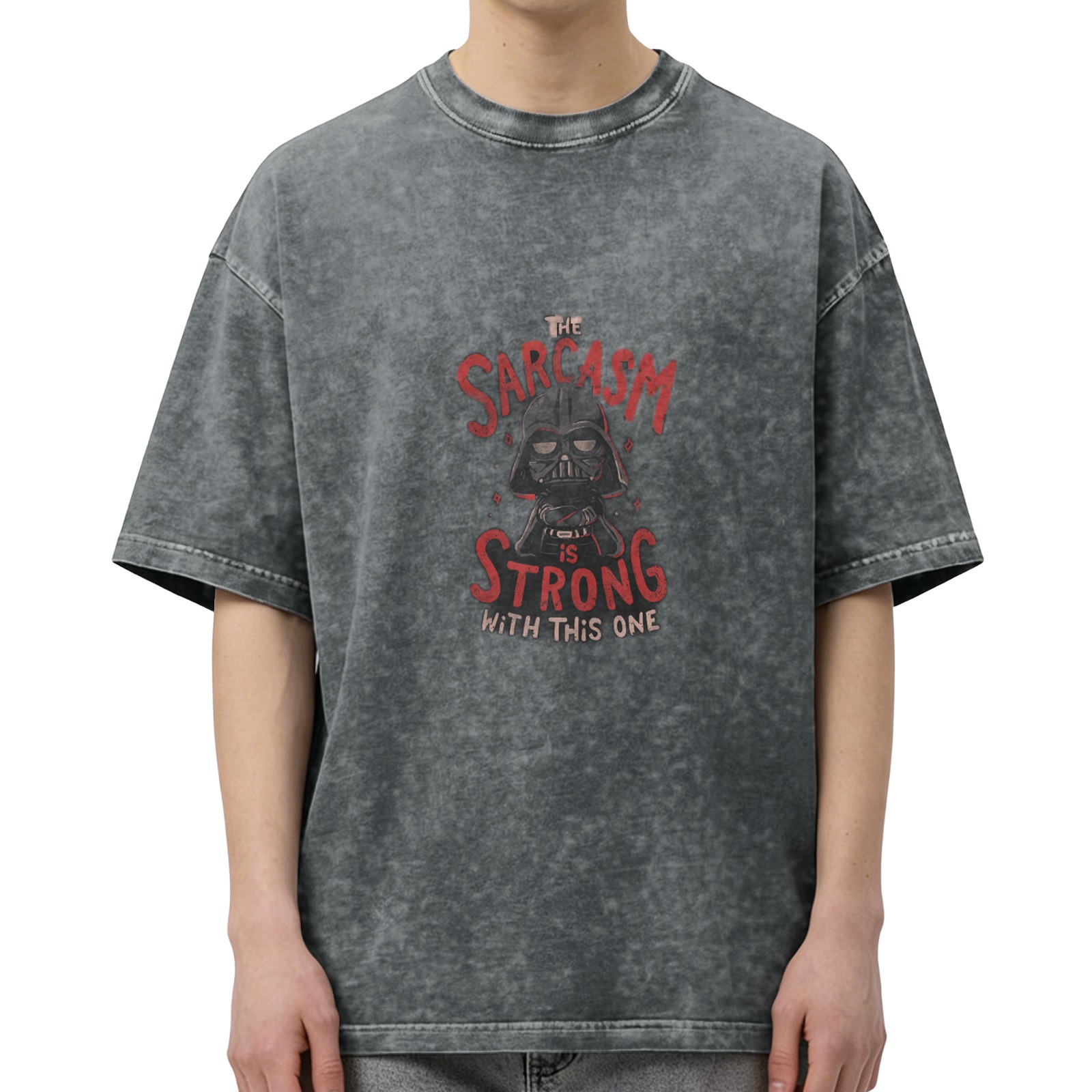 Washed black graphic t-shirt with 'The Sarcasm is Strong' Darth Vader design