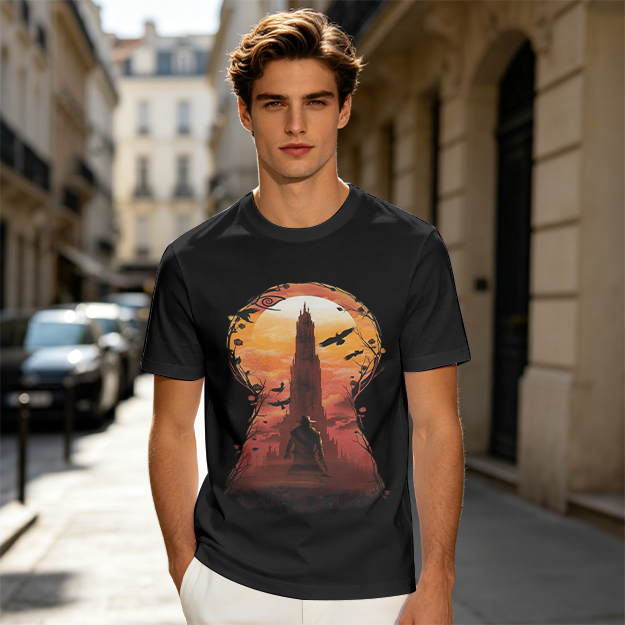 Olive T-Shirt with Keyhole Sunset Tower Art Print