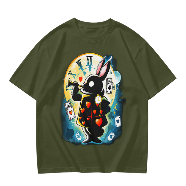Olive T-Shirt With Alice In Wonderland White Rabbit Print