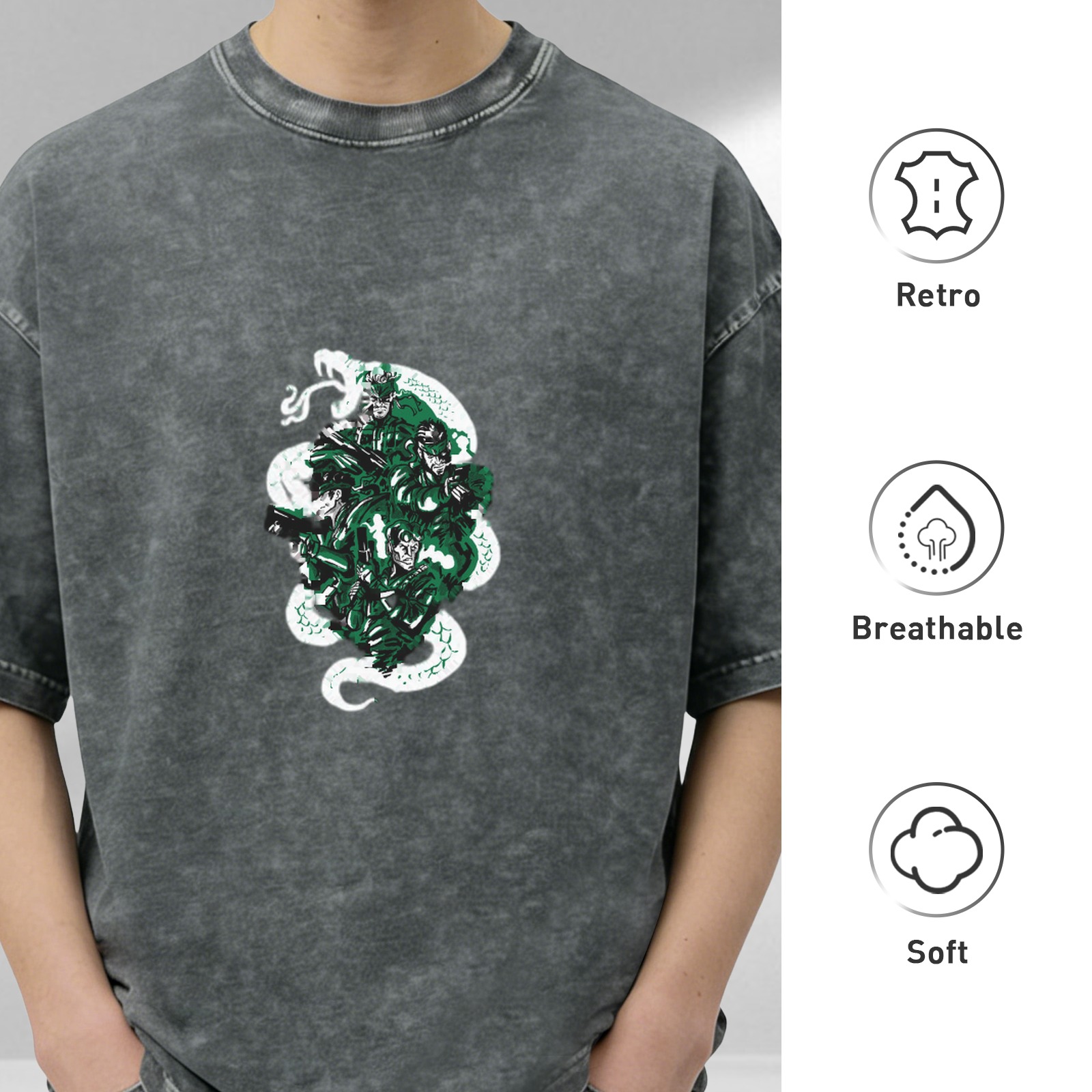 Oversized Acid Wash T-Shirt With Green Anime Character Graphic