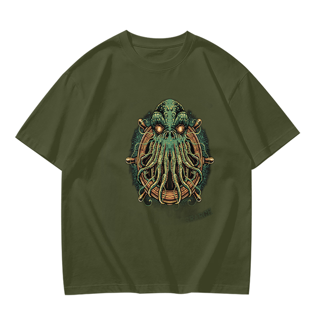 Olive Green T-Shirt With Cthulhu Ship Wheel Graphic