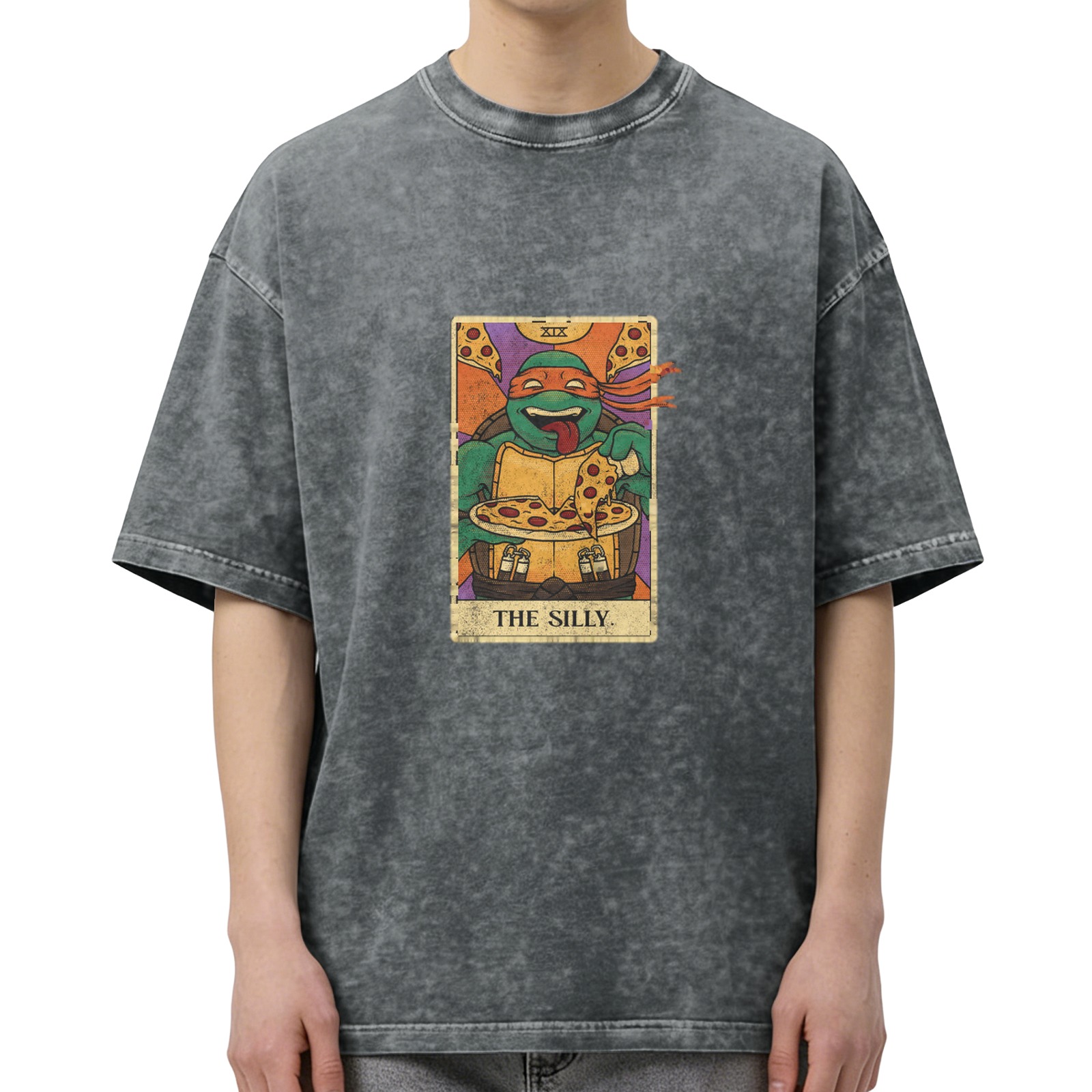 Washed graphic t-shirt with Teenage Mutant Ninja Turtle pizza tarot print