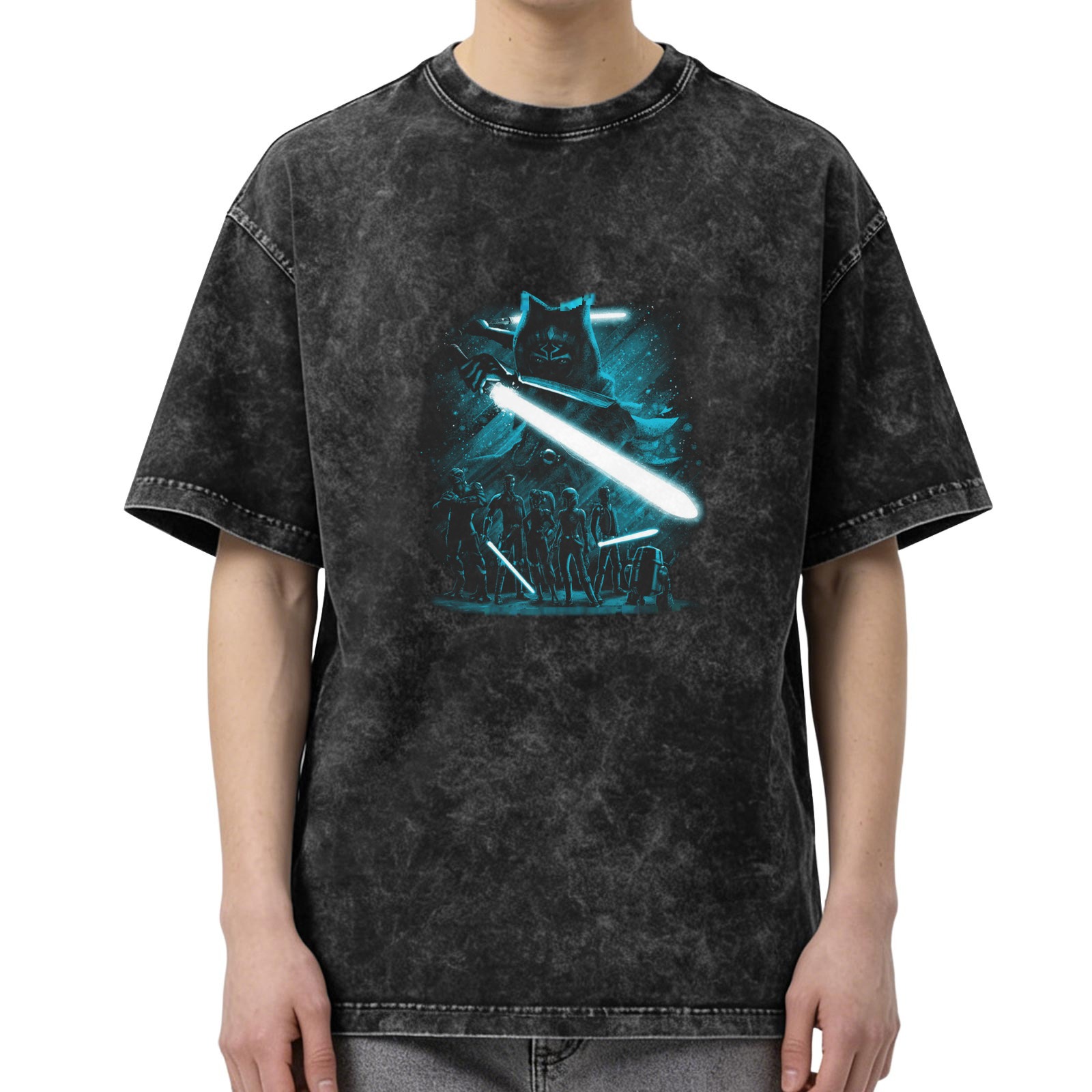 Star Wars Inspired Graphic Print Acid Wash Short Sleeve T-Shirt