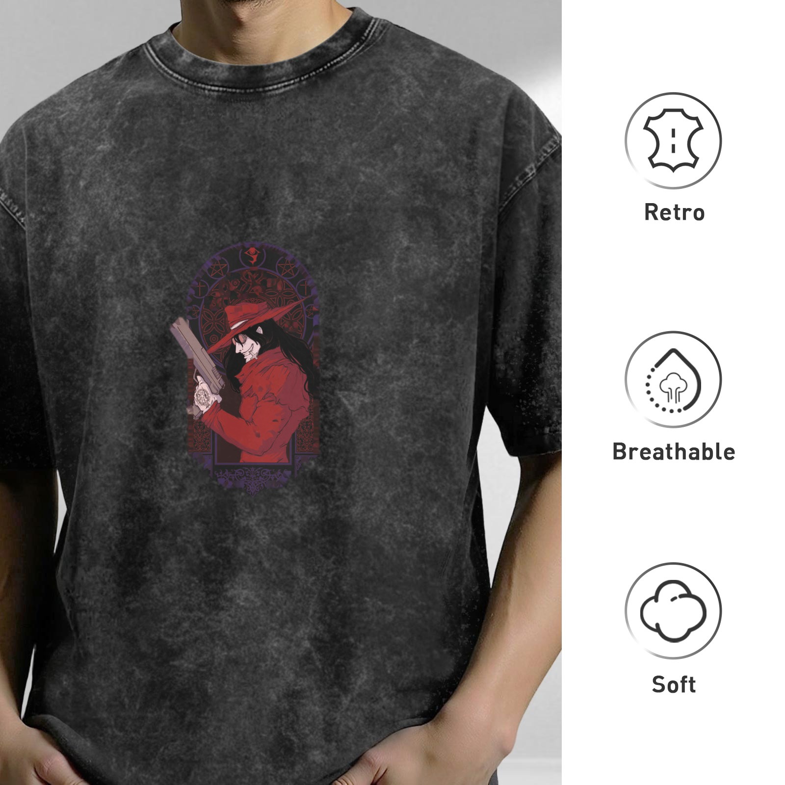 Distressed washed black loose short-sleeved T-shirt anime character print (Hellsing Accardo theme)