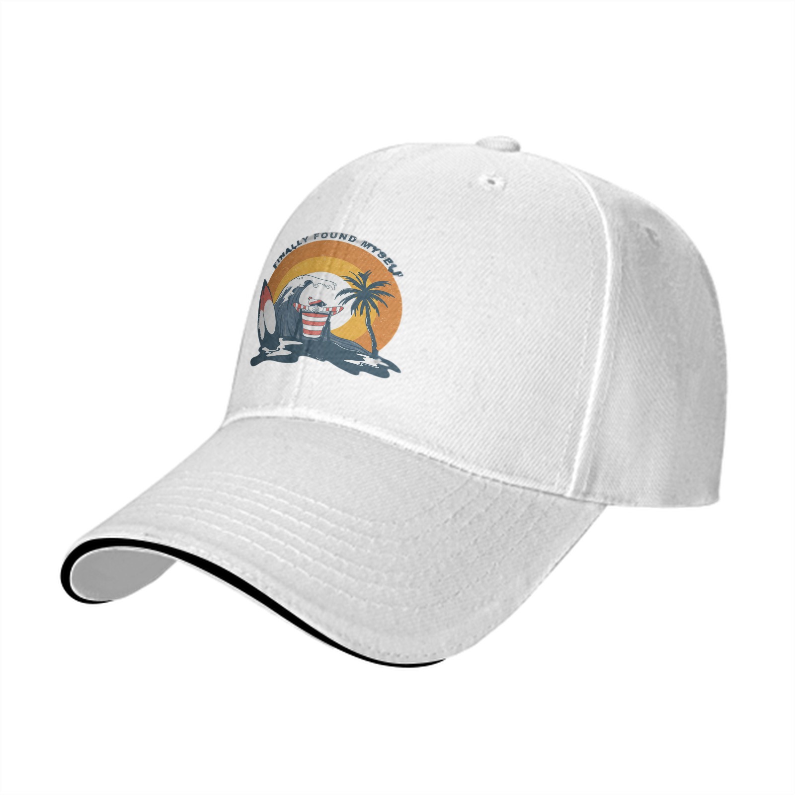 Black baseball cap with retro tropical surf wave graphic