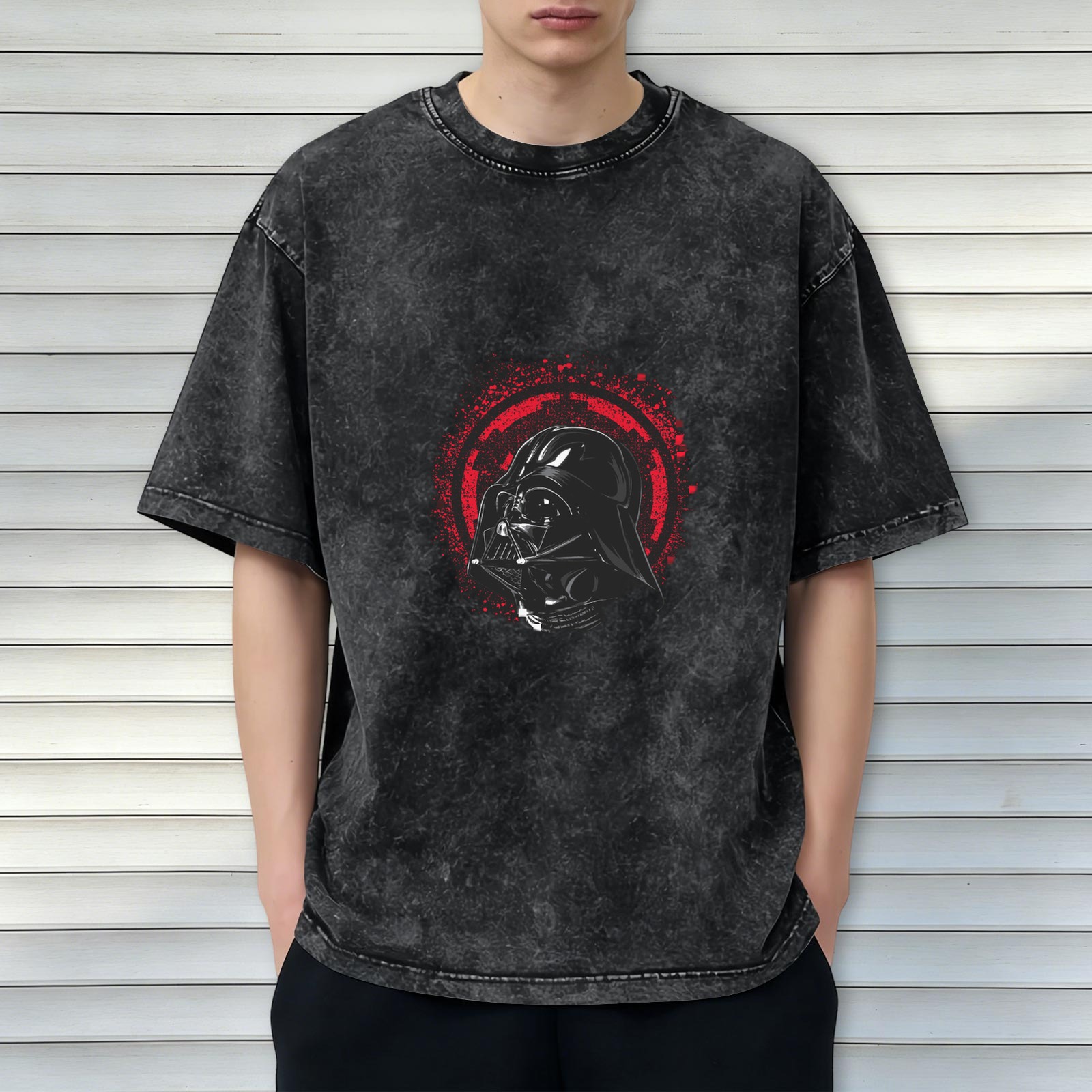 Darth Vader Helmet Graphic Acid Wash Black Cotton T-Shirt