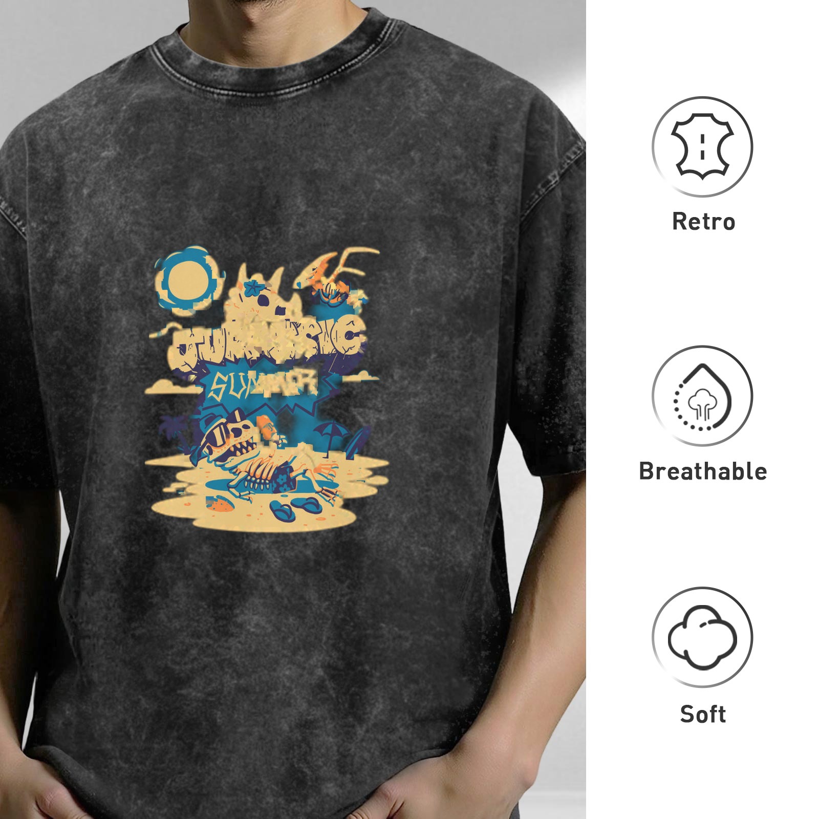 Washed black graphic t-shirt with Jurassic Summer beach dinosaur print