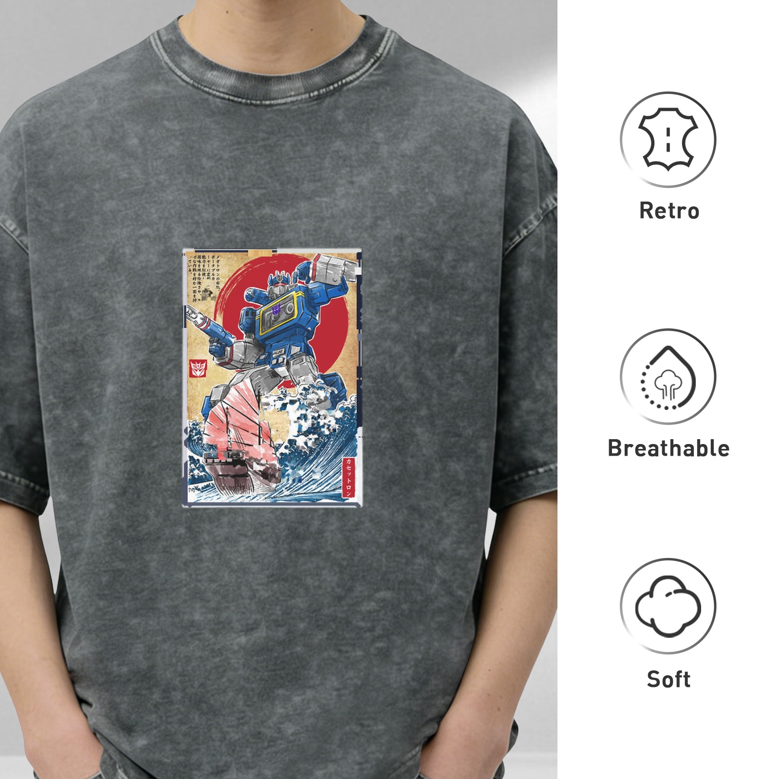 Retro washed black loose short-sleeved T-shirt Ukiyo-e Transformers sonic print