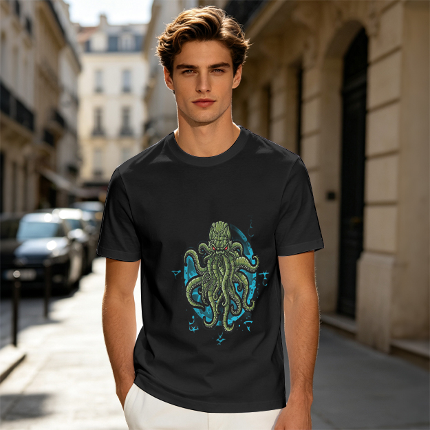 Olive Green T-Shirt With Cthulhu Octopus Monster Graphic