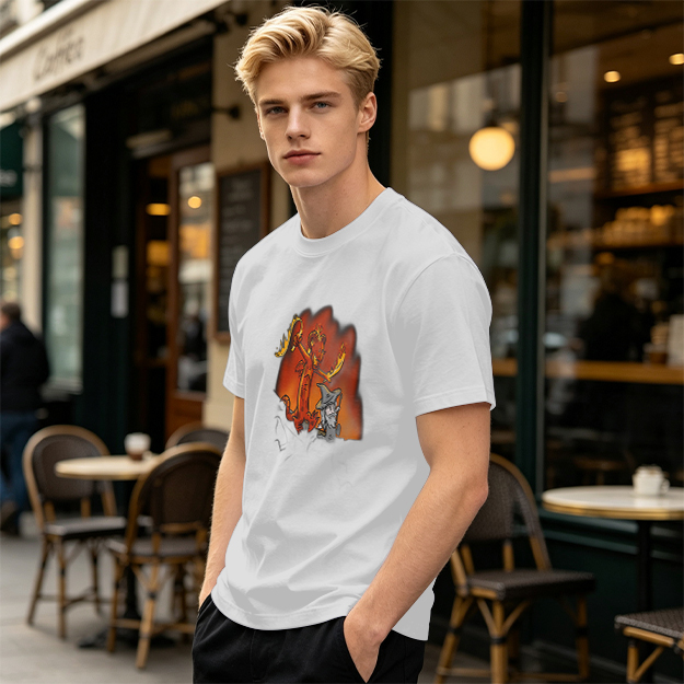 Olive T-shirt with Cartoon Demon and Wizard Fantasy Print