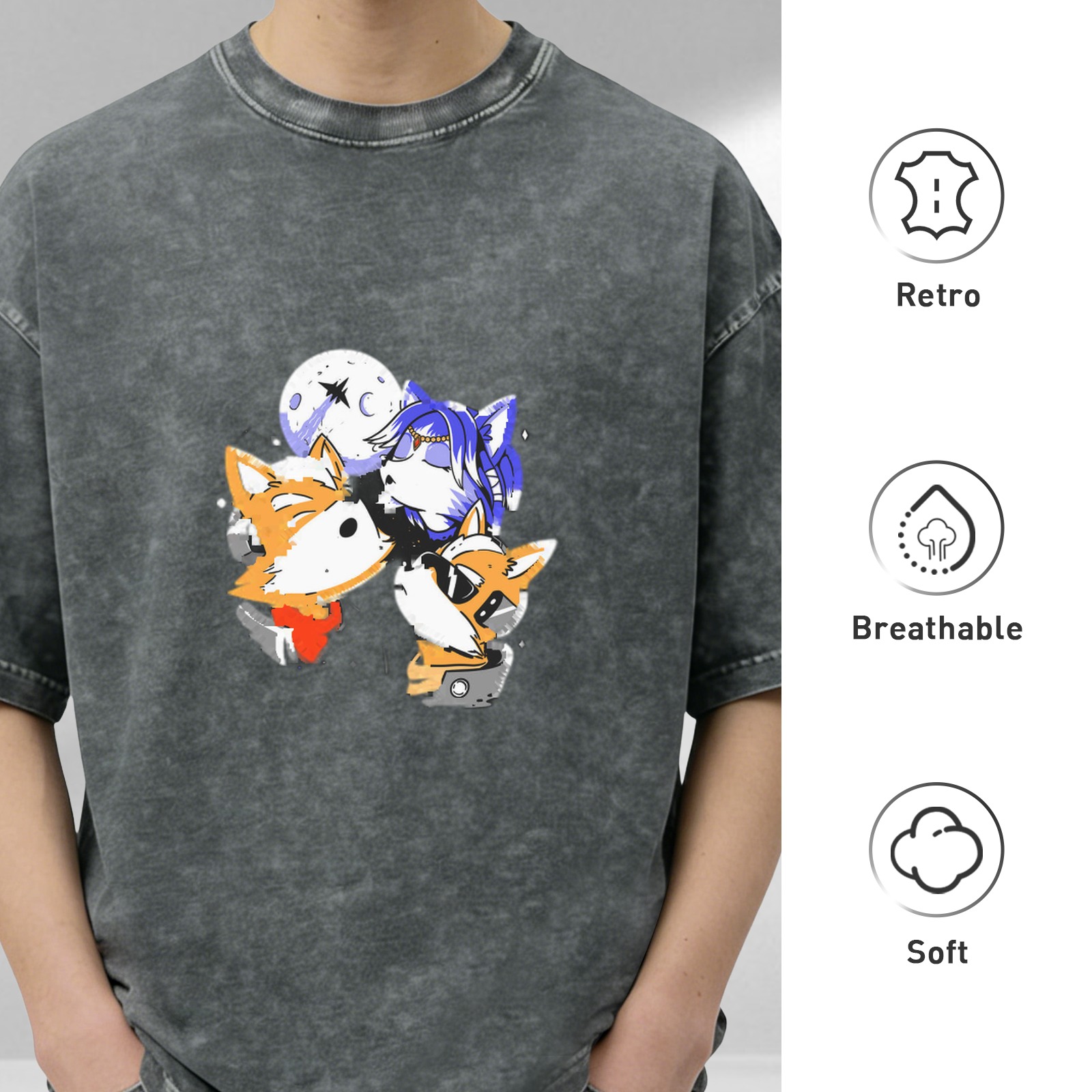 Oversized Acid Wash T-Shirt With Space Fox Cartoon Graphic Print