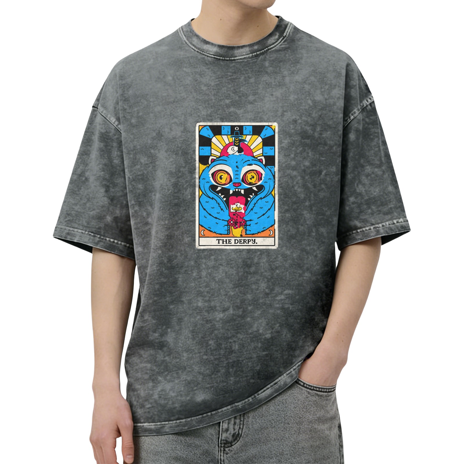 Distressed washed black loose short-sleeved T-shirt Fun tarot card style blue monster print top