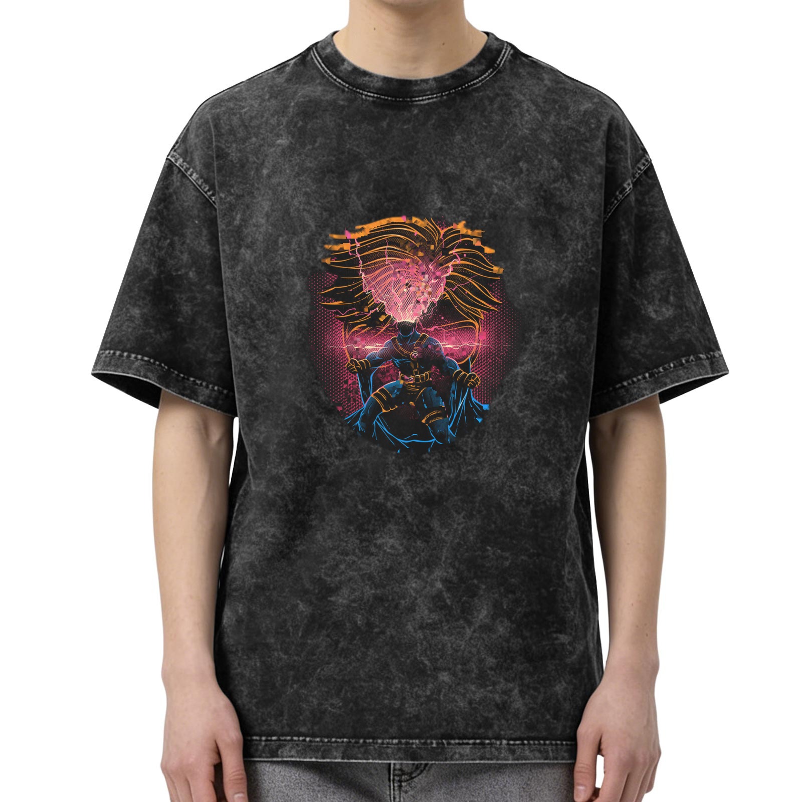 Oversized Acid Wash T-Shirt with Neon Superhero Graphic