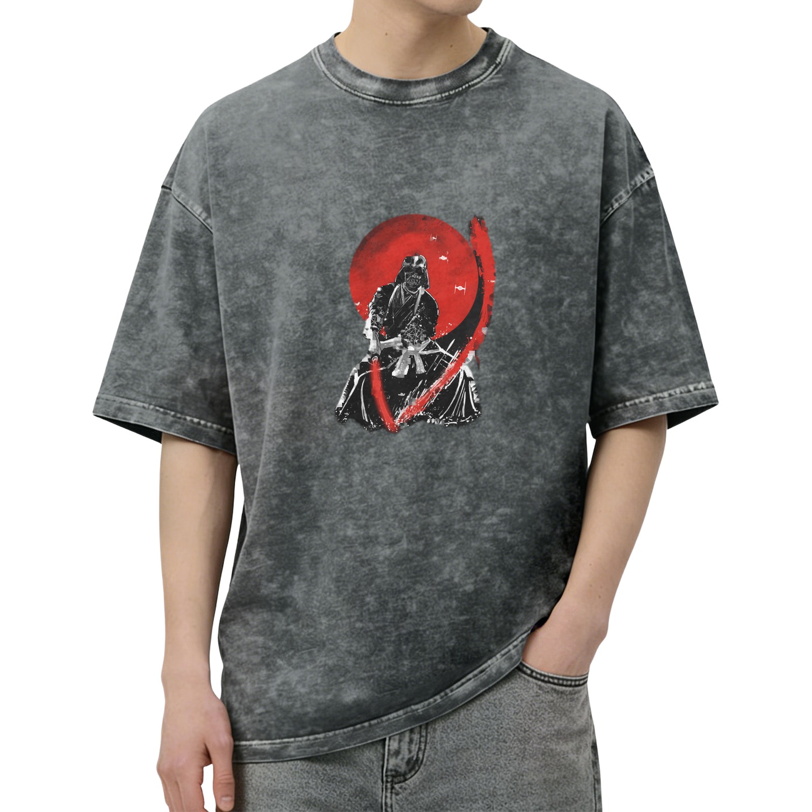 oversized acid wash t-shirt with samurai warrior red sun graphic