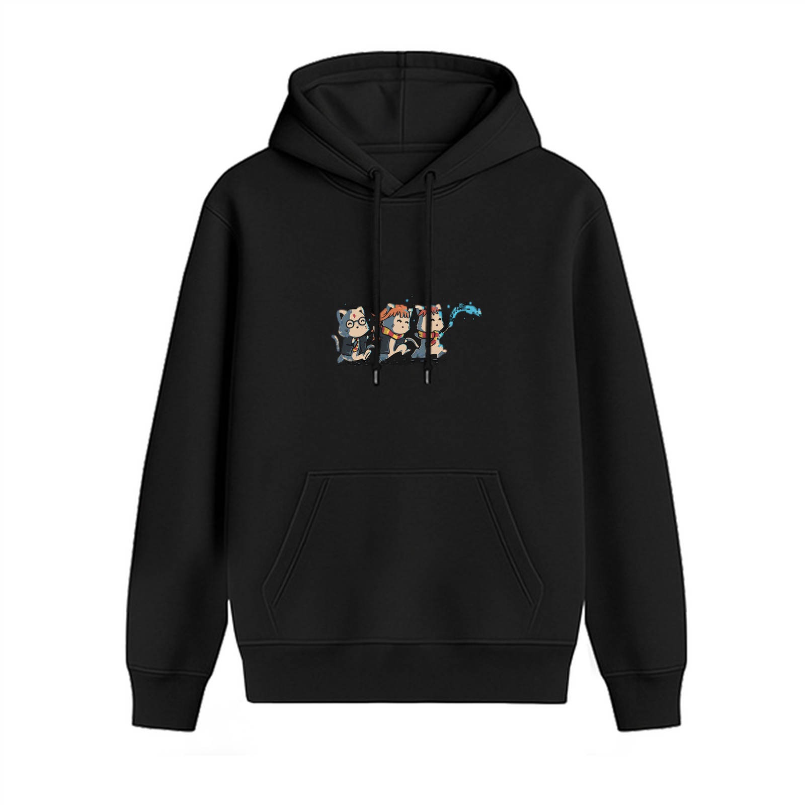 Black hoodie with cute cat wizard trio graphic print