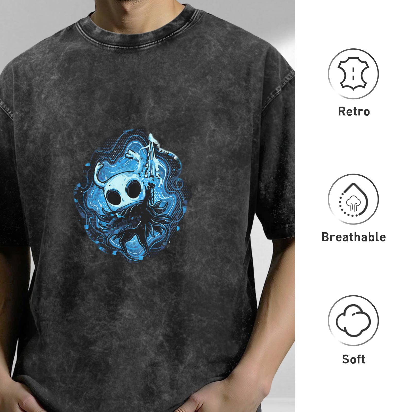 Oversized Dark Wash T-Shirt With Hollow Knight Blue Art Print