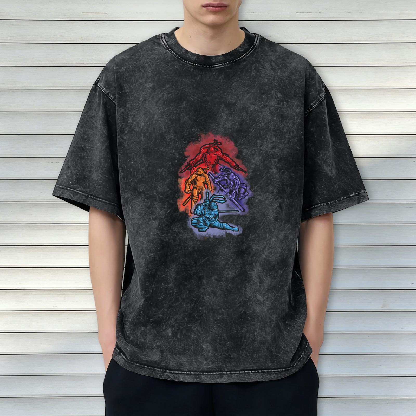 Washed Black Oversized T-Shirt With Ninja Turtle Graphic Print