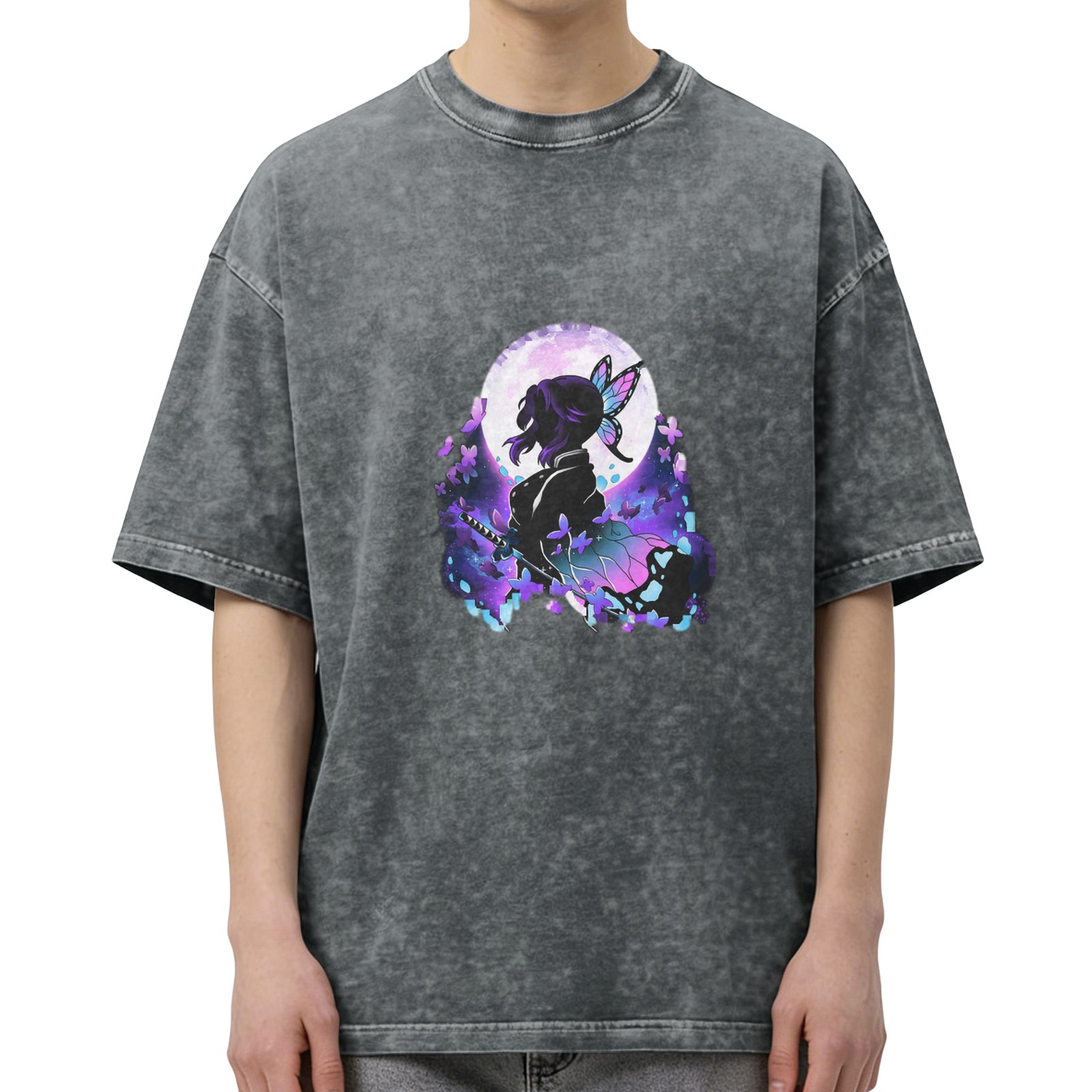 Oversized Acid Wash T-Shirt With Anime Butterfly Silhouette Graphic