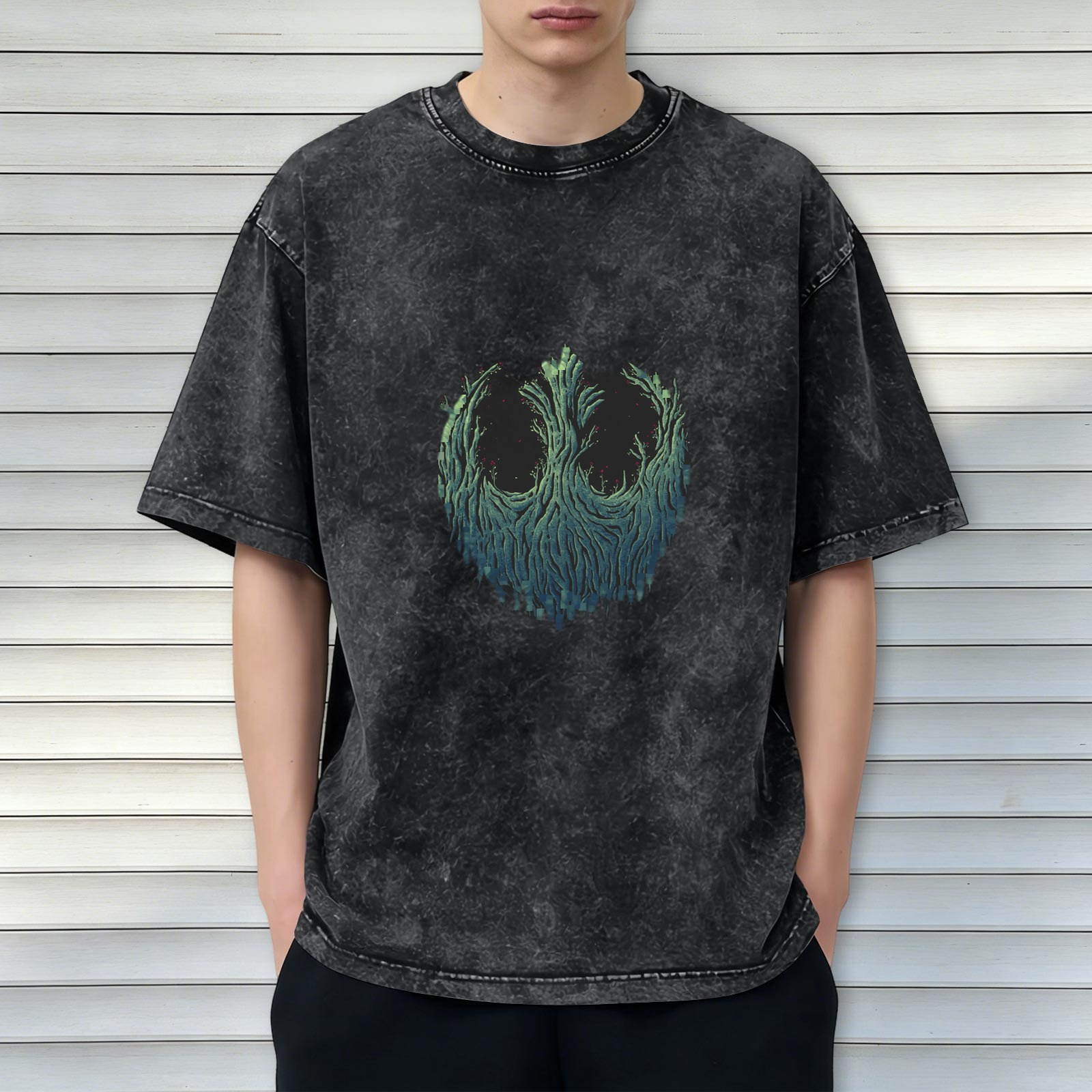 Oversized Acid Wash T-Shirt With Tree Face Graphic Print