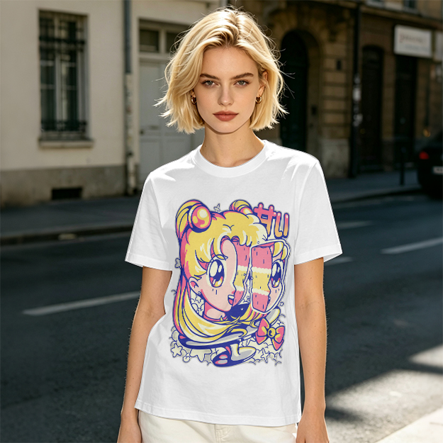 Olive T-Shirt With Glitch Anime Girl Graphic Print