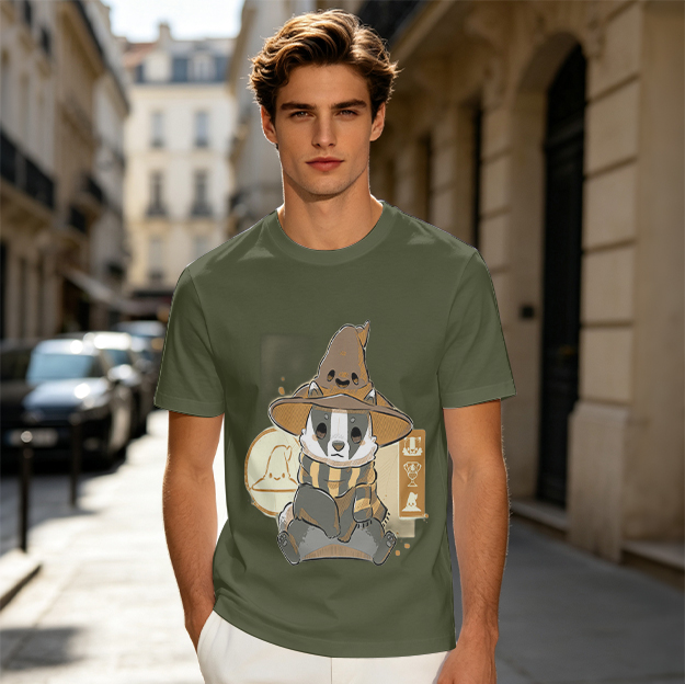 Olive T-Shirt With Cute Wizard Badger Graphic Print