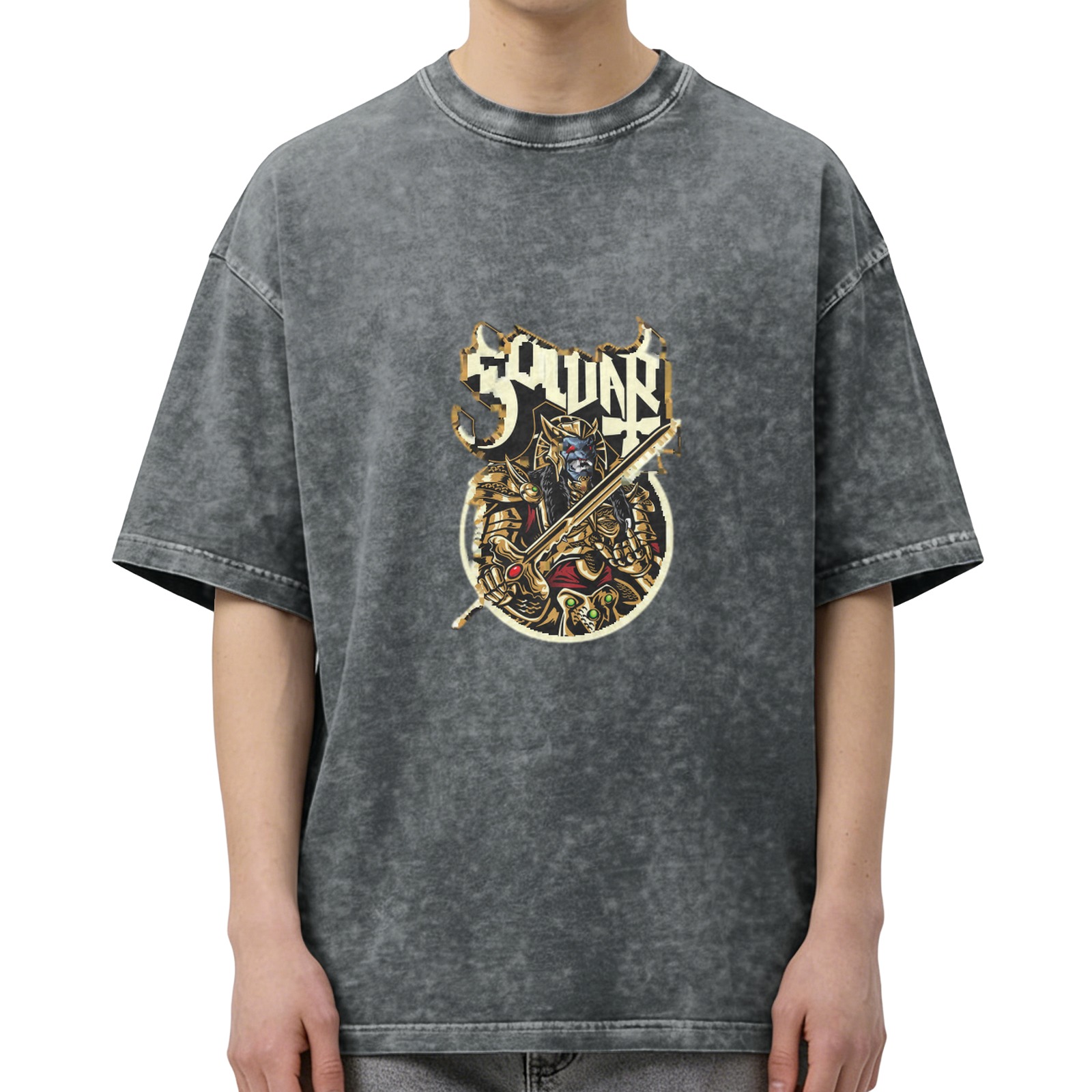 Oversized Acid Wash T-Shirt With Fantasy Warrior Graphic Print