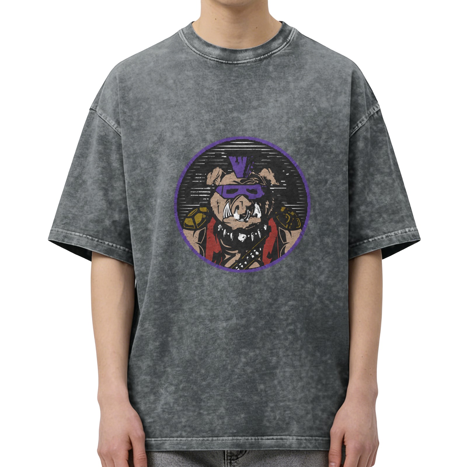 Washed Black Oversized T-Shirt With Retro Pig Villain Graphic Print
