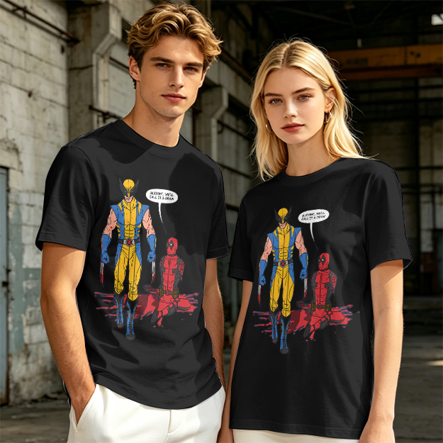 Olive T-Shirt Featuring Wolverine and Deadpool Comic Art