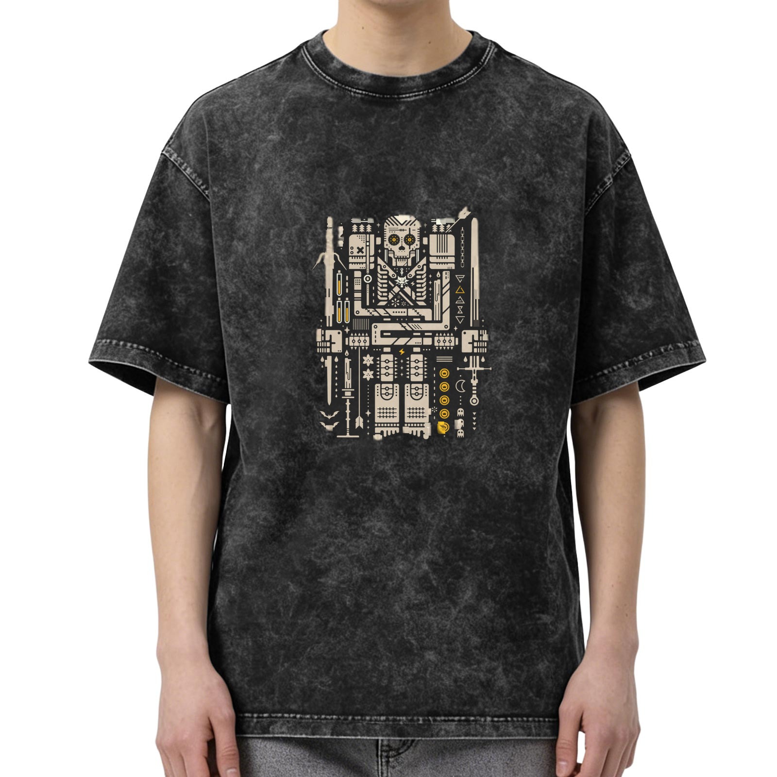 Washed Black T-Shirt With Mechanical Skull Warrior Graphic