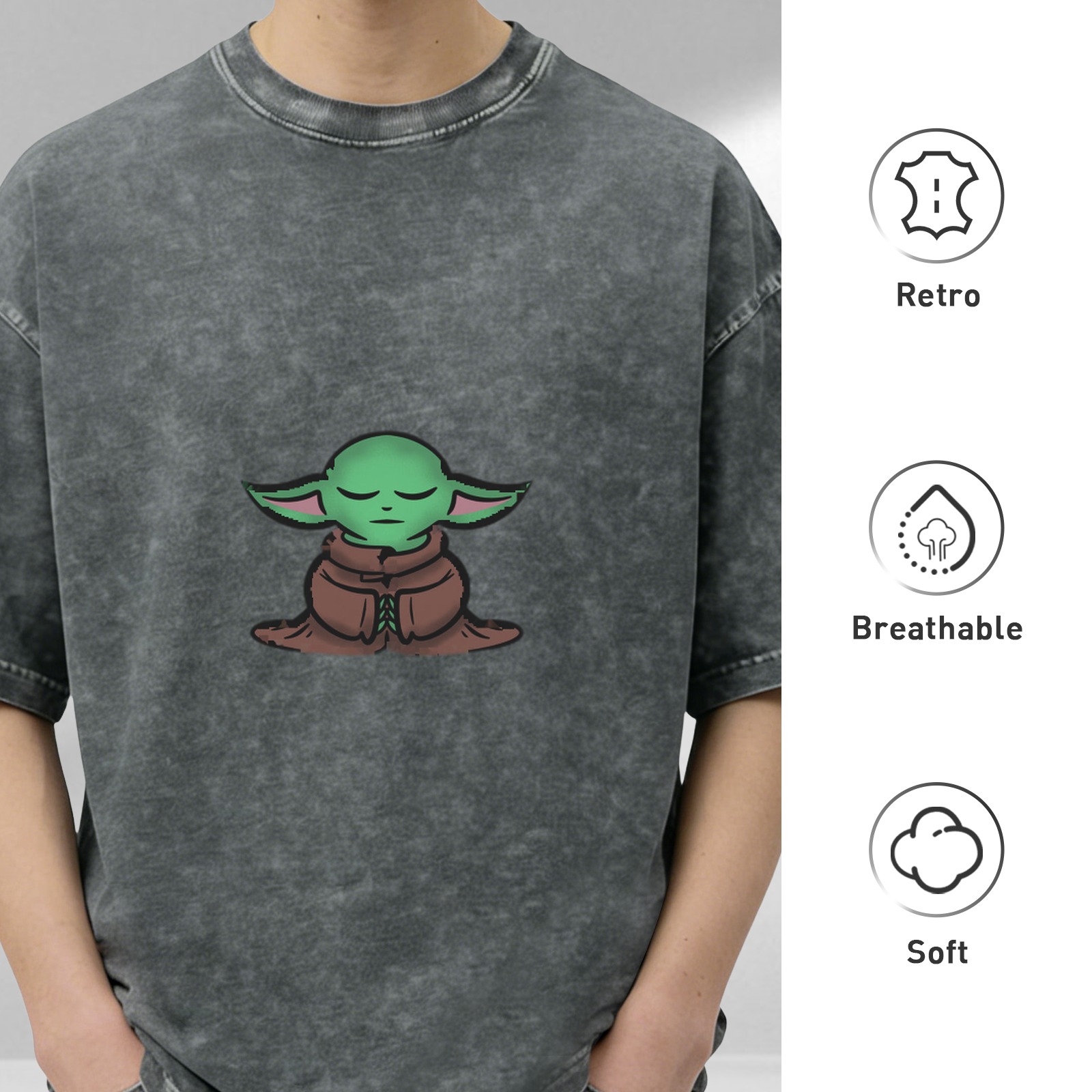 Washed black t-shirt with meditating Baby Yoda graphic