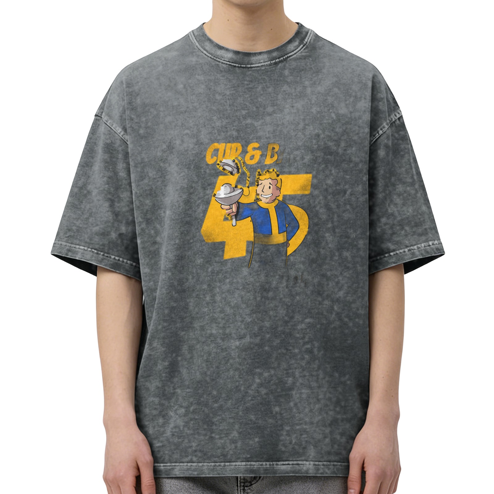 Oversized faded t-shirt with Vault Boy Cup & B 45 graphic