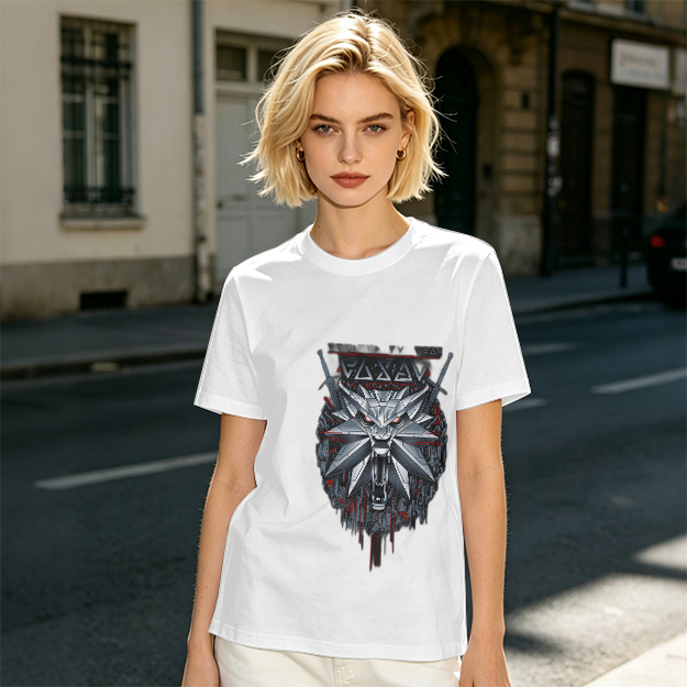 Olive Green T-Shirt With Witcher Wolf Medallion Graphic