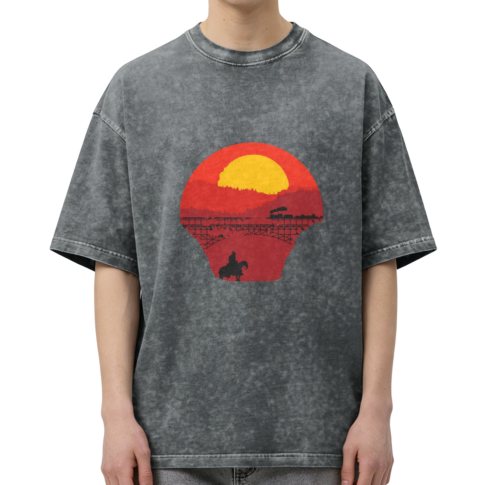 Washed Black T-Shirt with Western Sunset Cowboy and Train Graphic