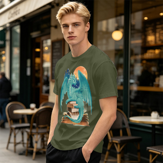 Teal Dragon Perched on Stacked Books Fantasy Graphic T-Shirt