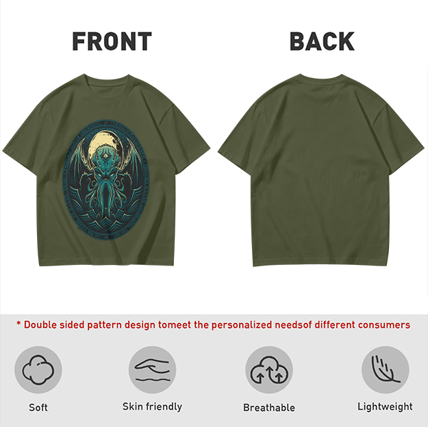 Olive Green T-Shirt with Cthulhu Monster Graphic Print