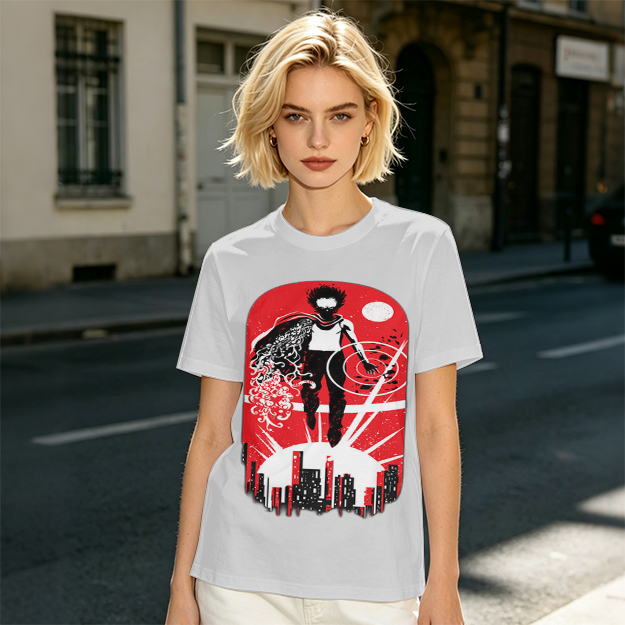 Olive T-Shirt With Anime Superhero Over City Graphic