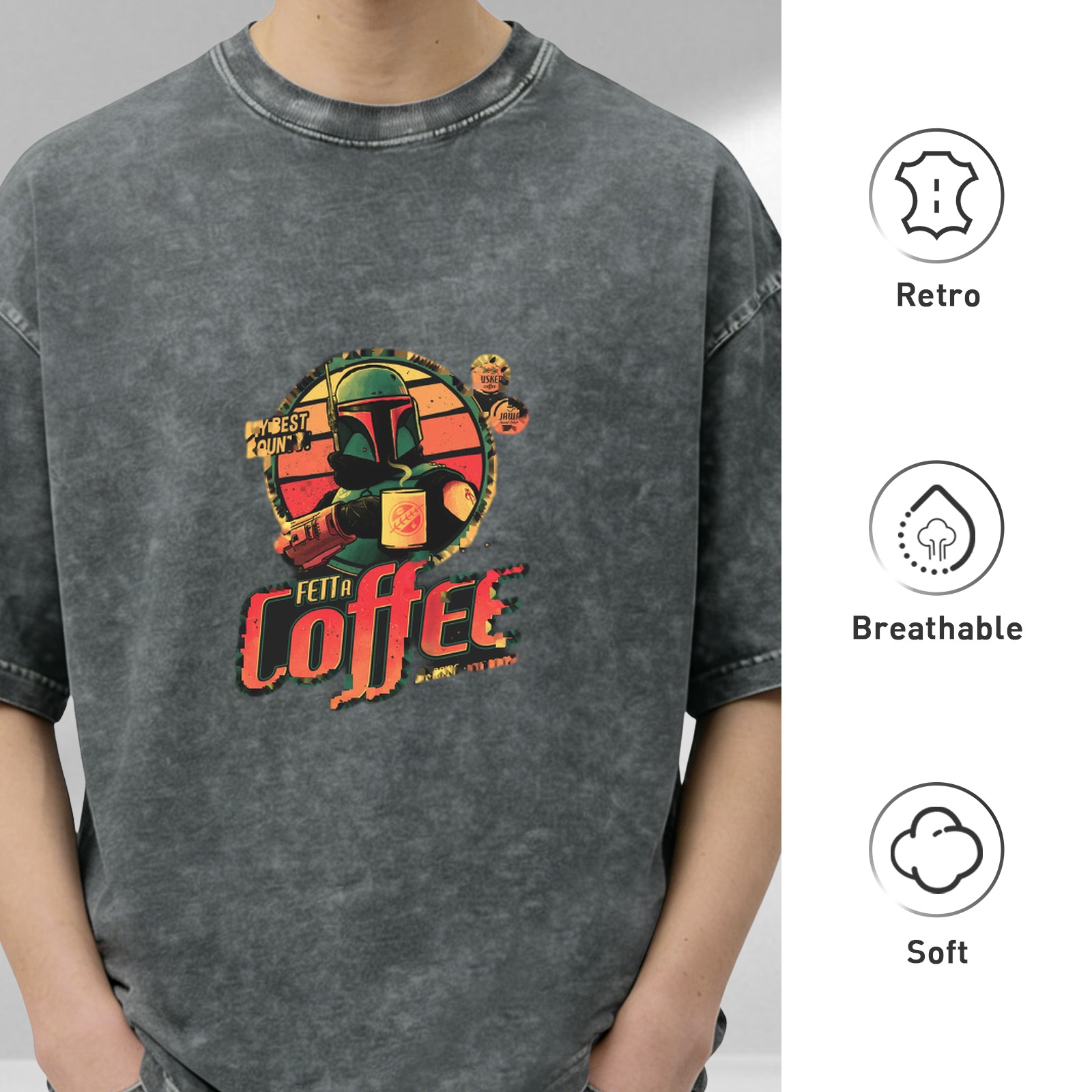 Washed Black Boba Fett Coffee Graphic T-Shirt