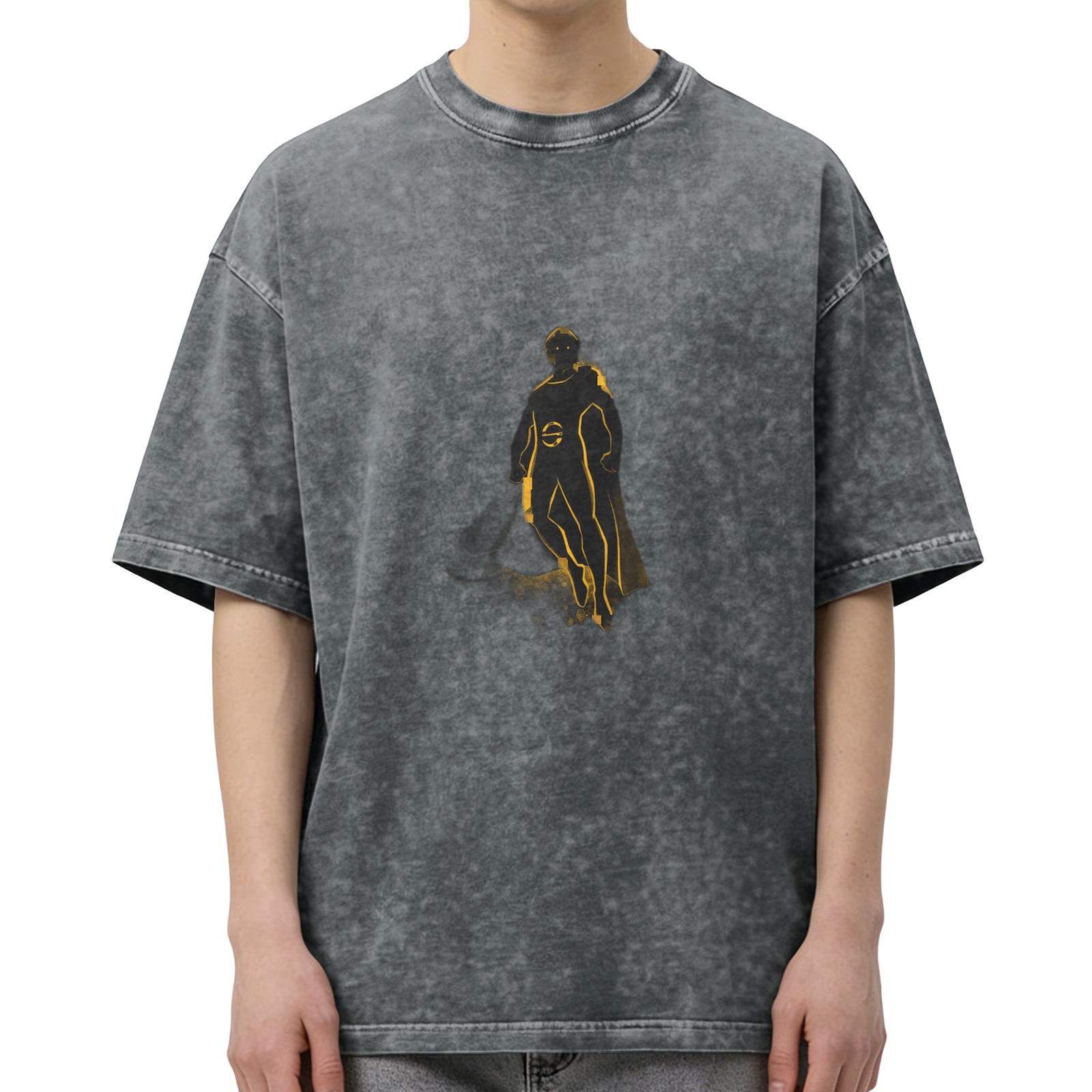 Washed black graphic t-shirt with golden superhero silhouette print
