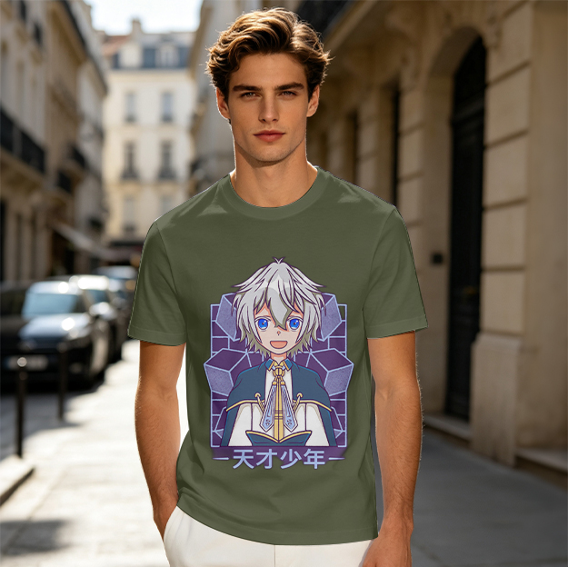 Olive anime graphic t-shirt with silver-haired boy and geometric design