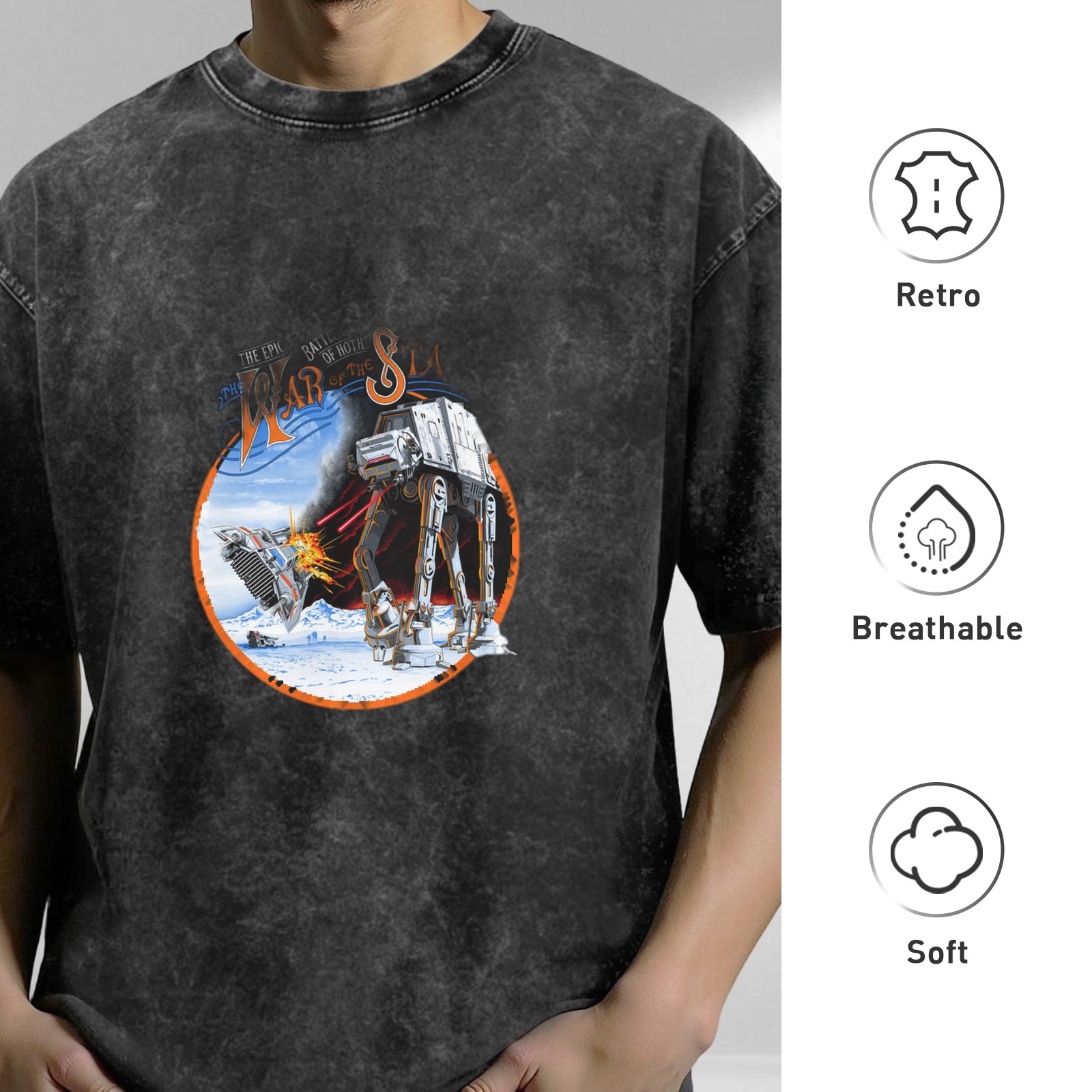 Star Wars Battle of Hoth AT-AT Snow Speeder Graphic Acid Wash Oversized T-Shirt