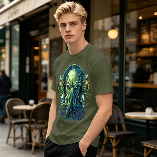 Olive Green T-Shirt With Cthulhu Skull Graphic Print