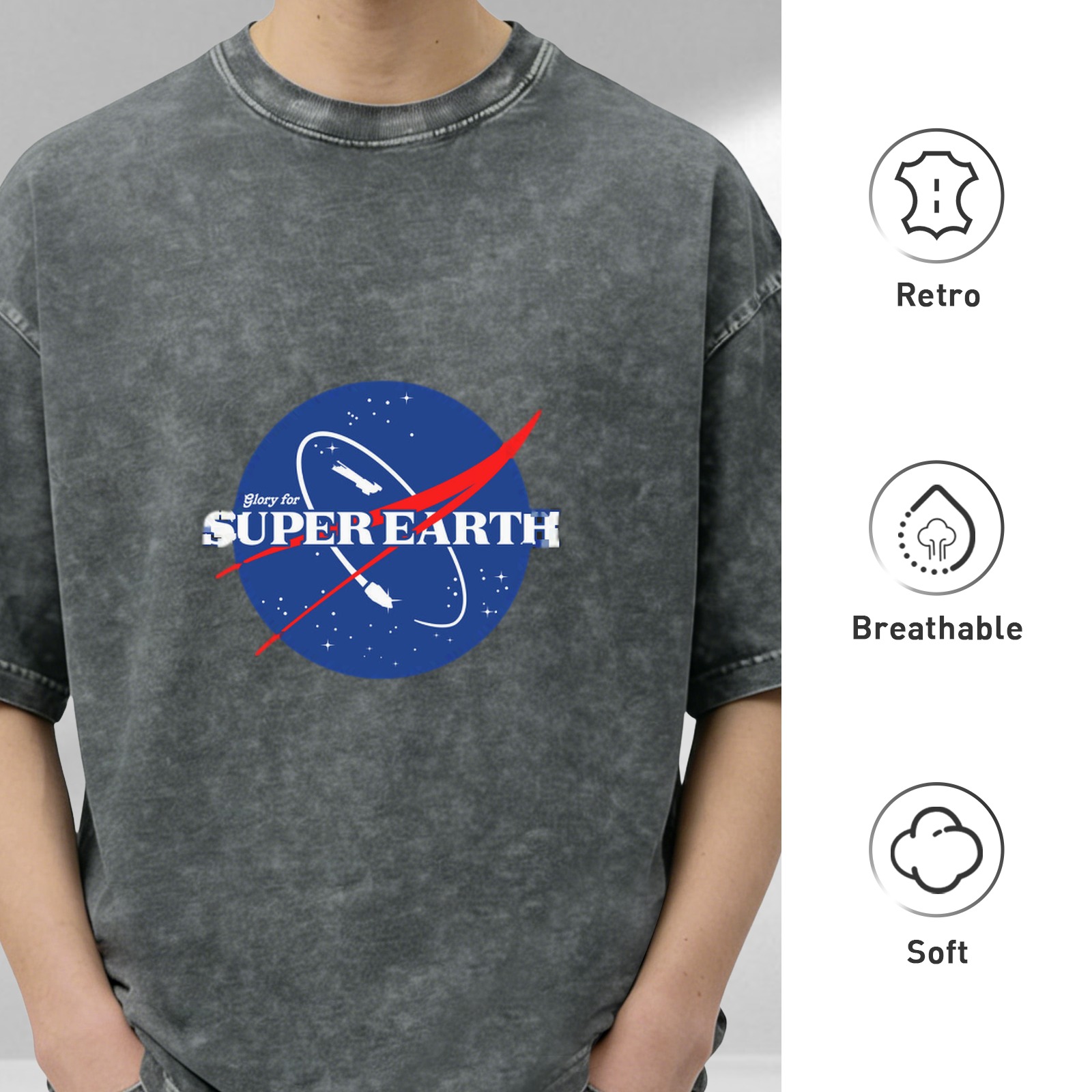 Oversized Stone Wash T-shirt with 'Glory for Super Earth' NASA-style Graphic Print