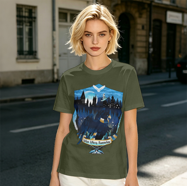 Olive t-shirt with Ravenclaw house crest night castle design