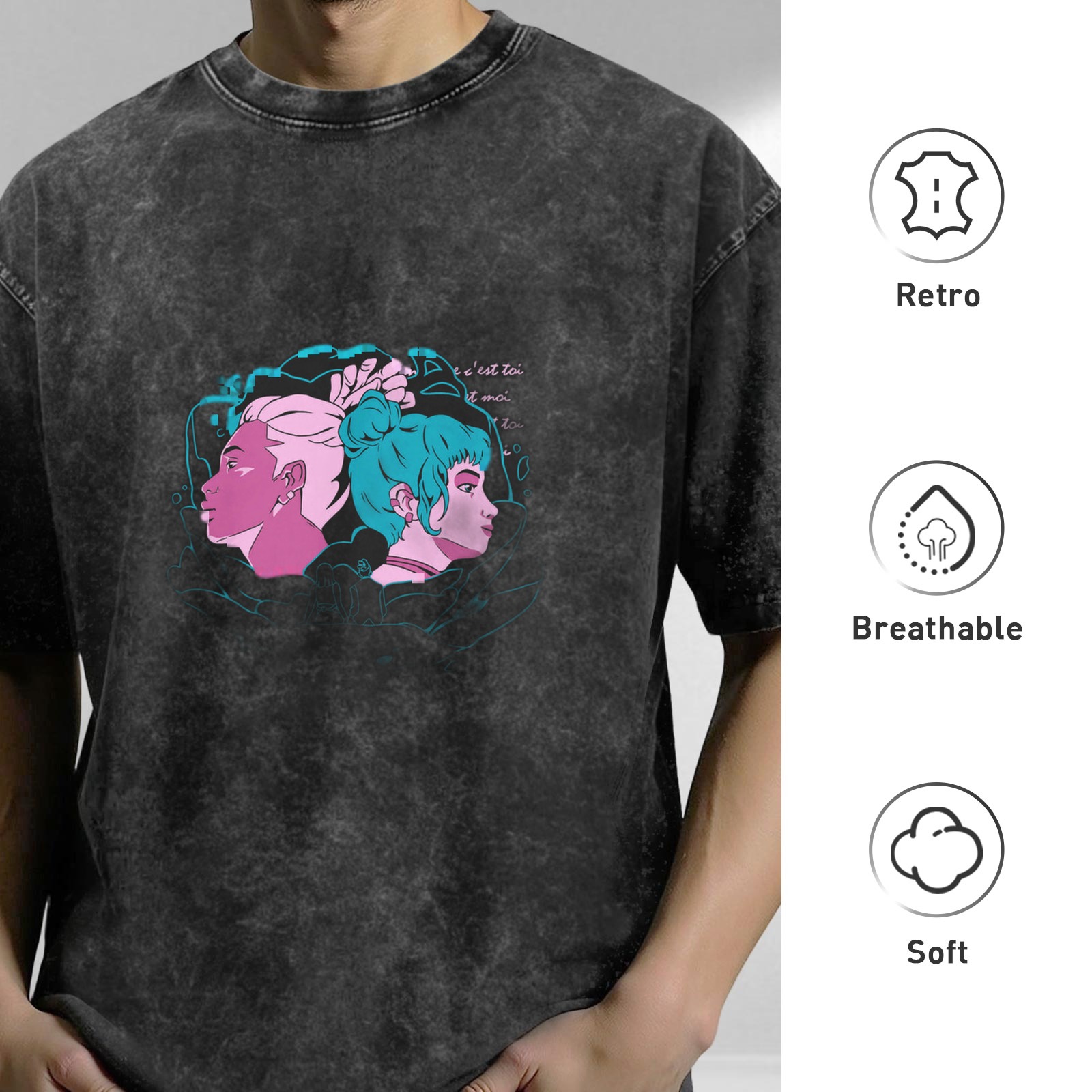 Oversized Acid Wash T-Shirt With Retro Anime Style Graphic Print