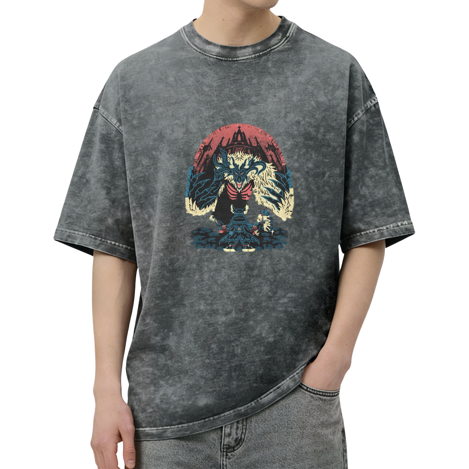 Washed Black Graphic T-Shirt With Fantasy Monster Castle Print