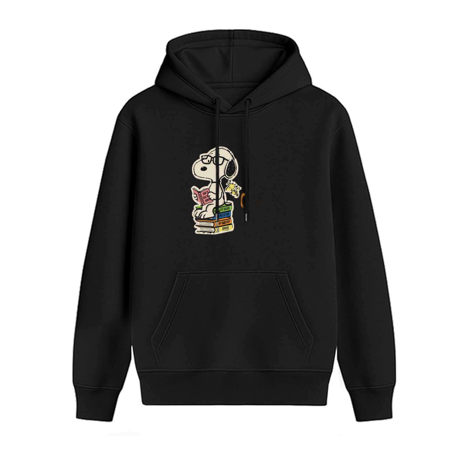 Black hoodie with Snoopy reading on stacked books